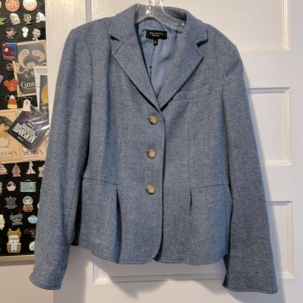 Talbots Bluish Gray Wool Tweed Peplum Grace Fit Blazer. Size 12